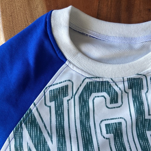 pieced sweatshirt top trendy mixed media long sleeve embroidered blue white M - Picture 13 of 16